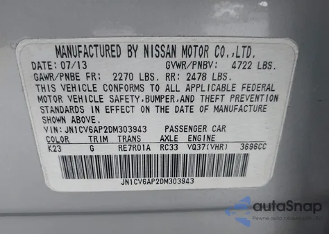 2013 Infiniti G37 Journey from USA, damaged, VIN JN1CV6AP2DM303943